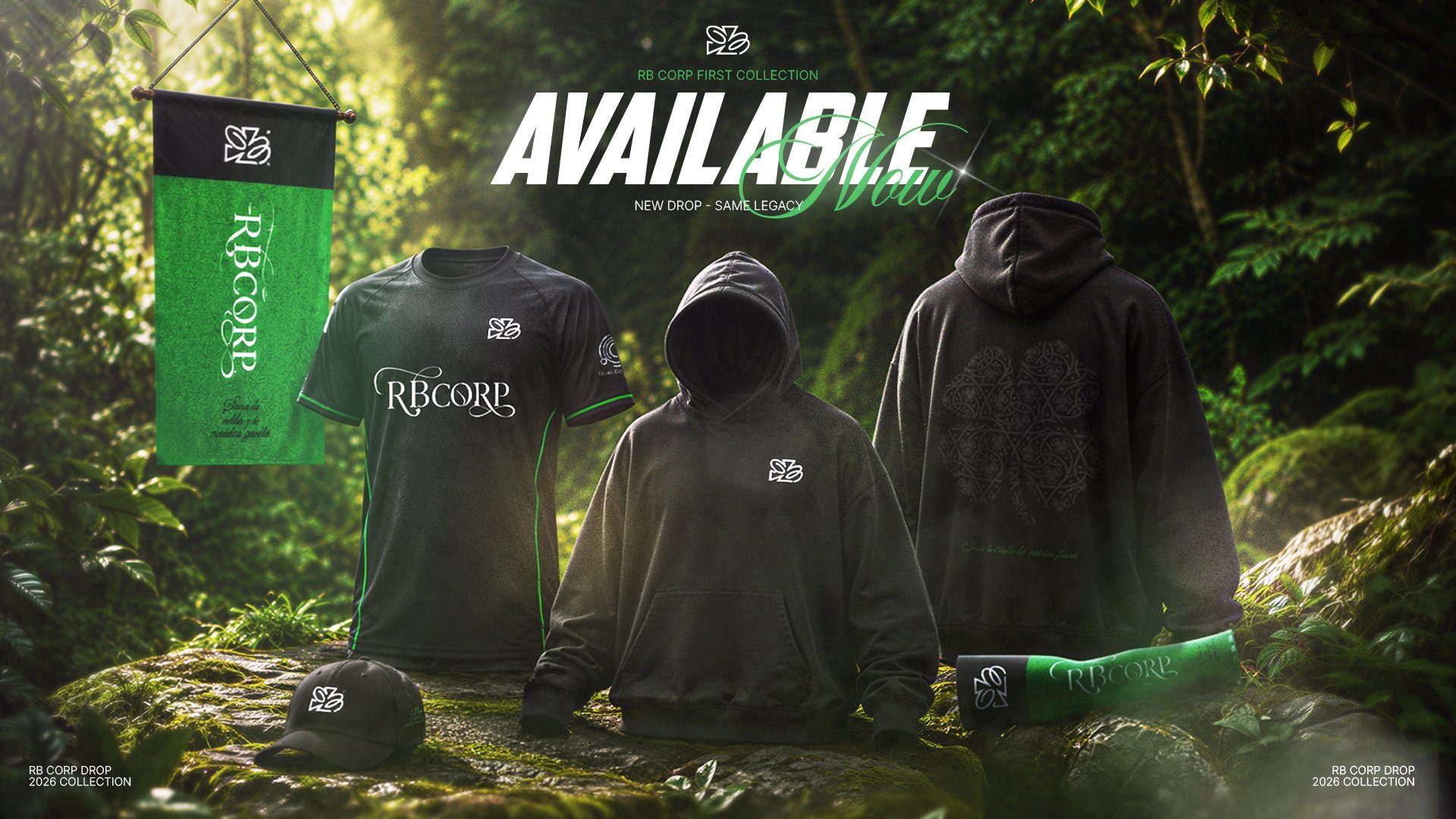 Collection merch RBCORP — maillot, hoodie, casquette et fanion